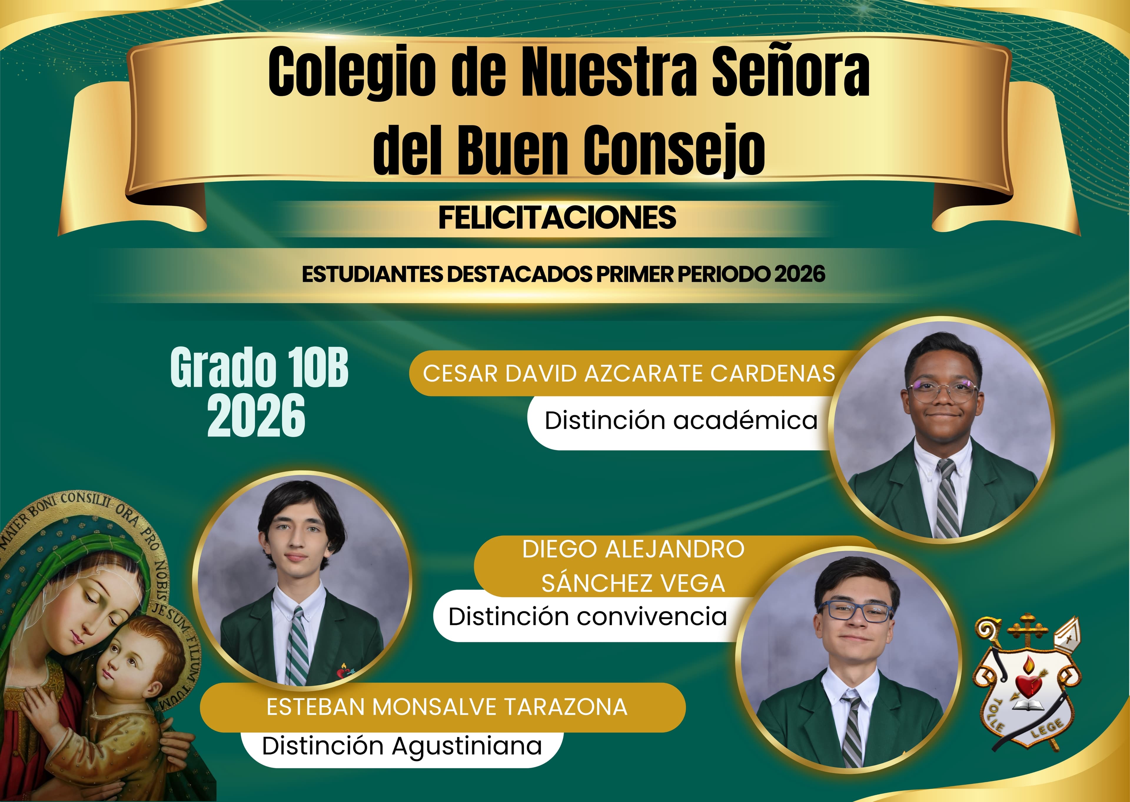 Cuadro de honor Décimo B Primer Periodo