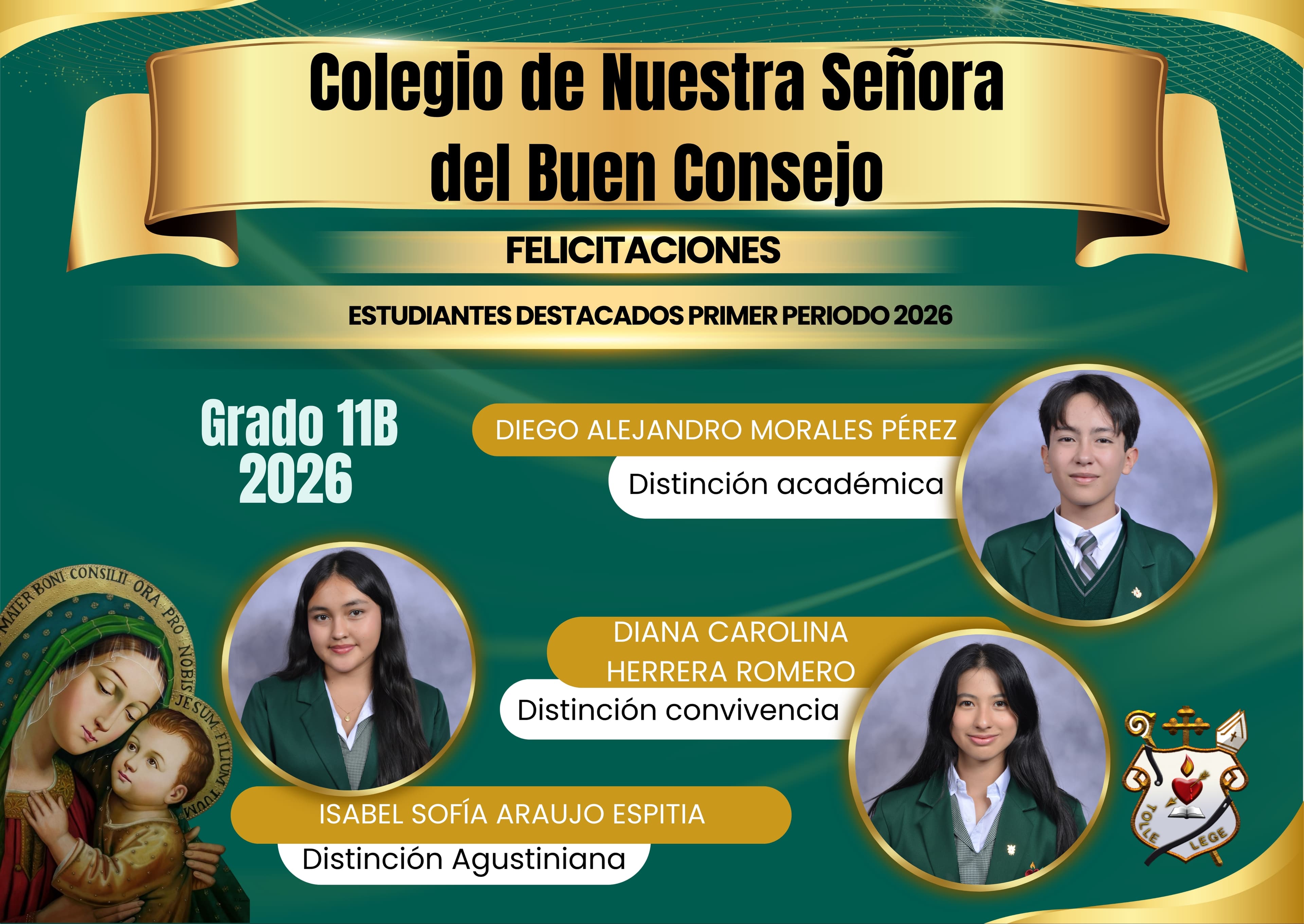 Cuadro de honor Undécimo B Primer Periodo